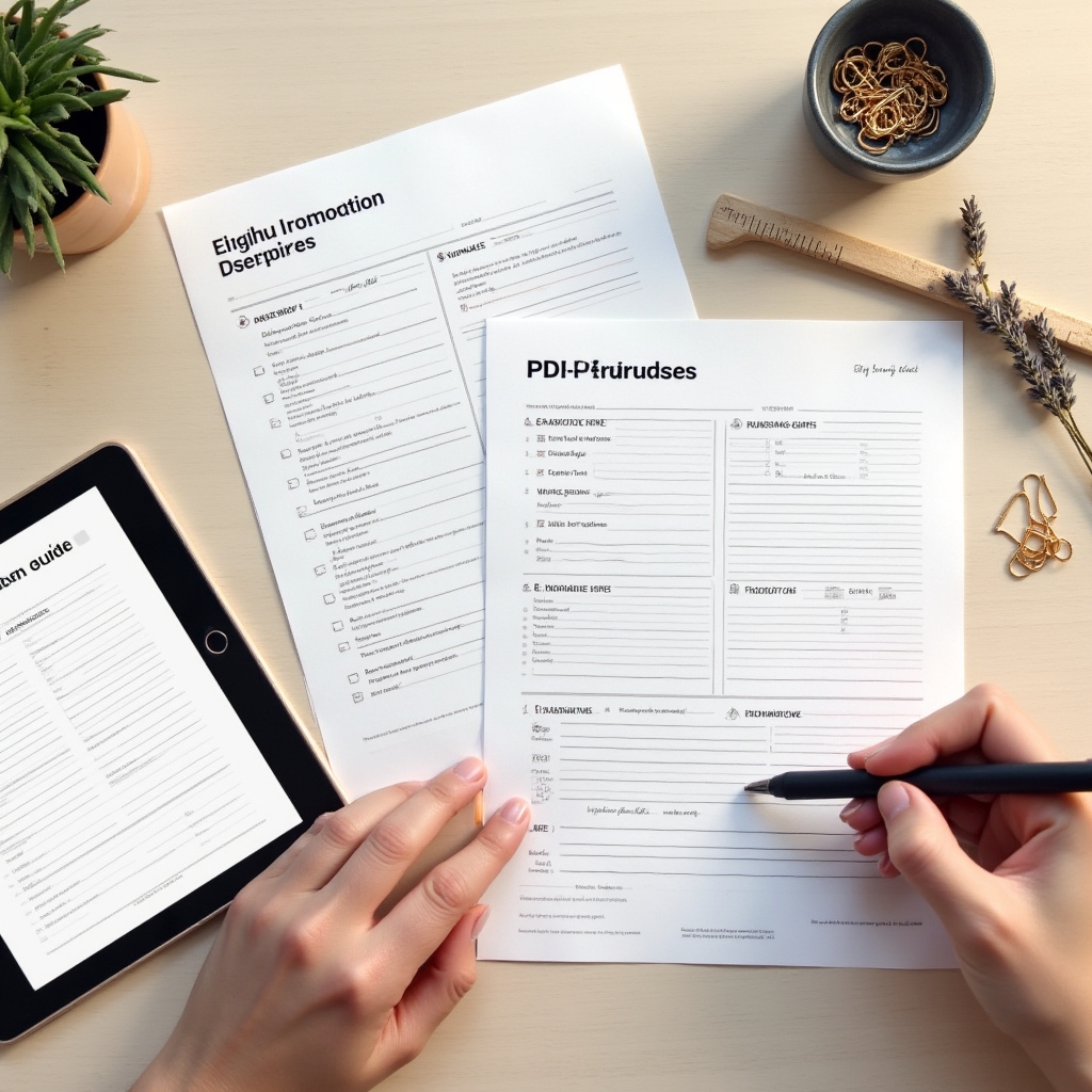 Fișe de lucru digitale aranjate pe un birou modern