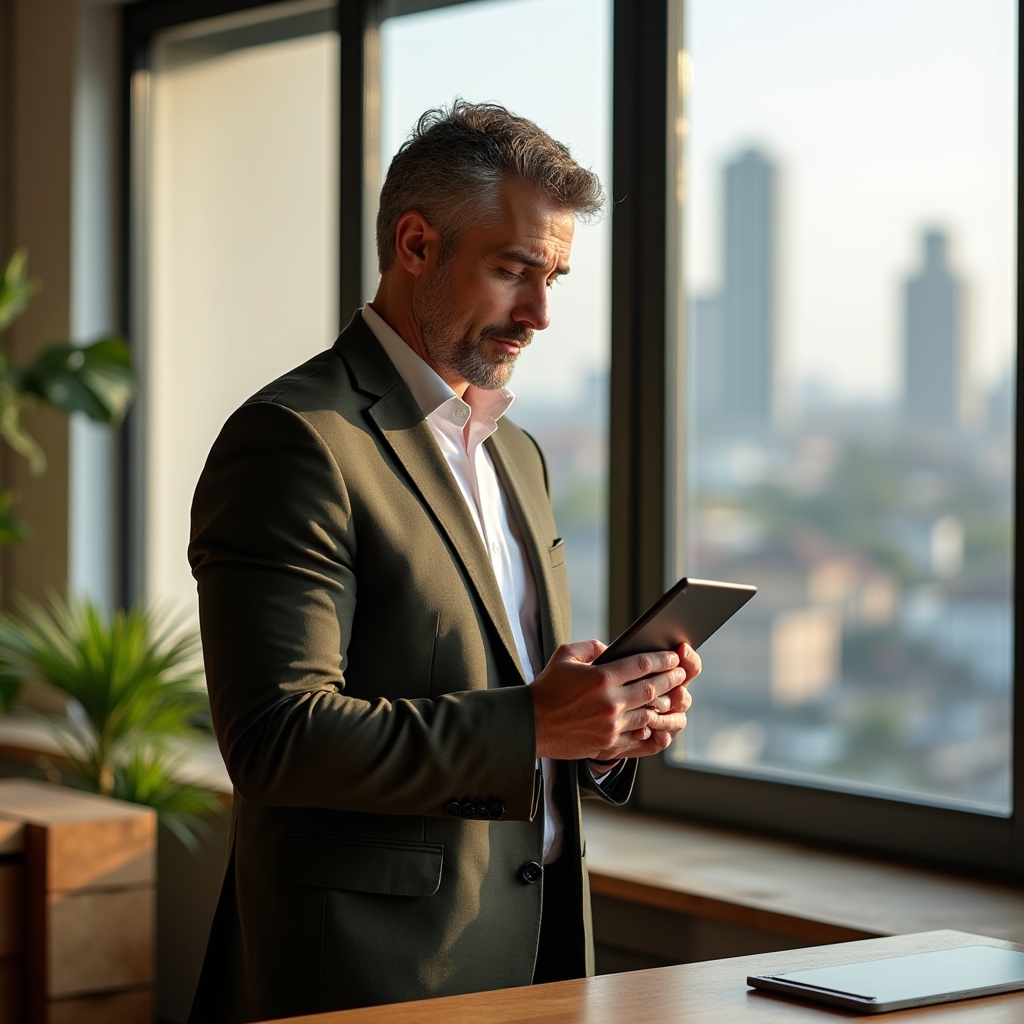 Manager care explorează instrumente digitale pe tableta sa în birou