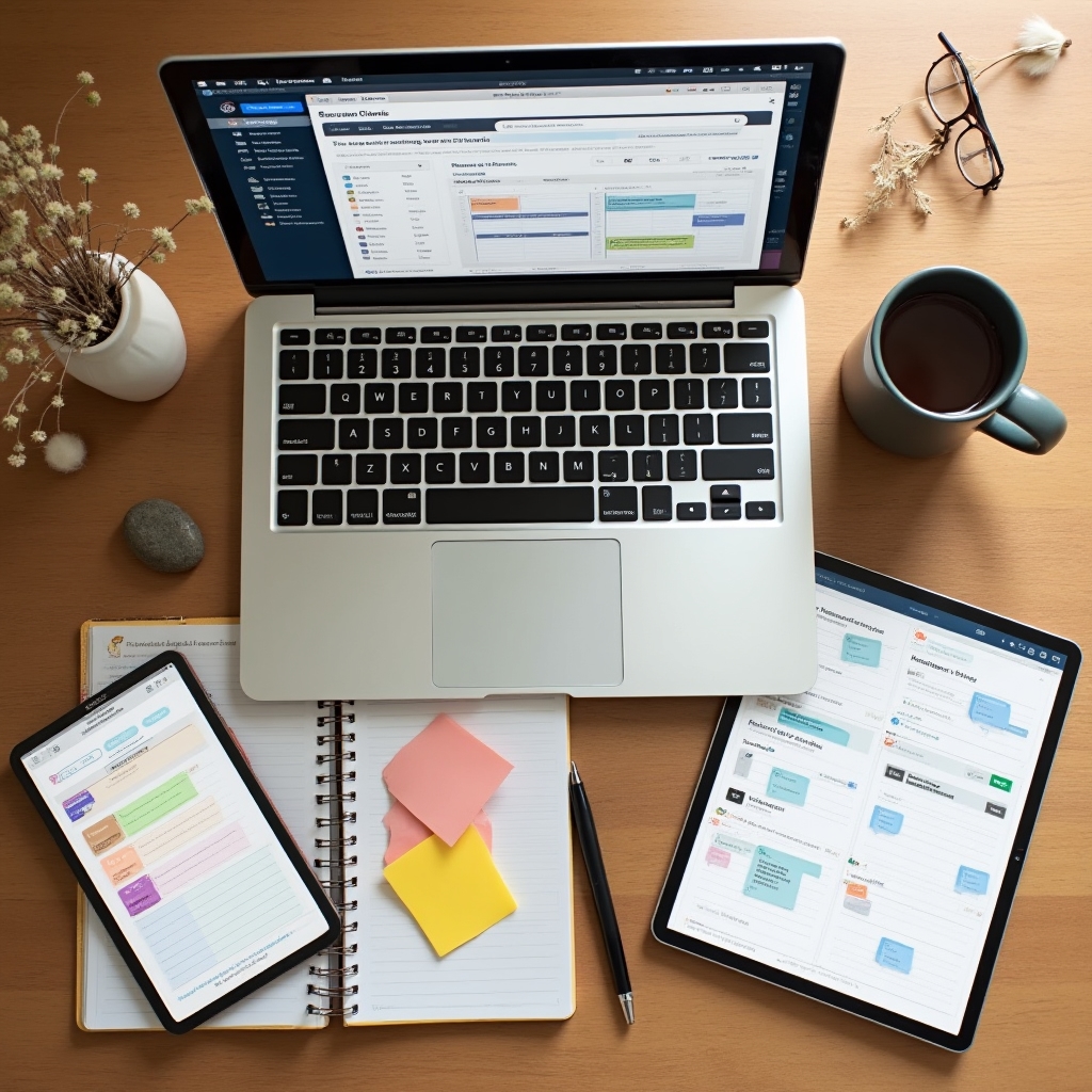 Ecran cu instrumente de productivitate digitală deschise simultan