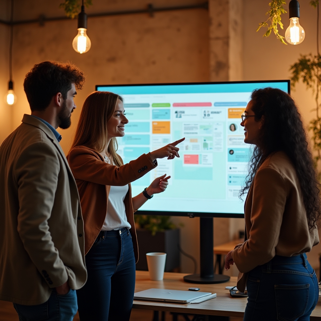 Echipă care gestionează un proiect digital pe un panou Kanban vizual