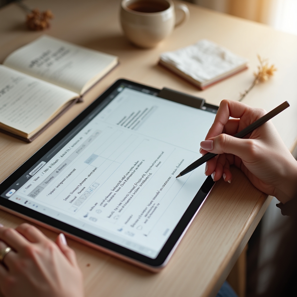 Mâini care completează o fișă de lucru digitală pe o tabletă modernă